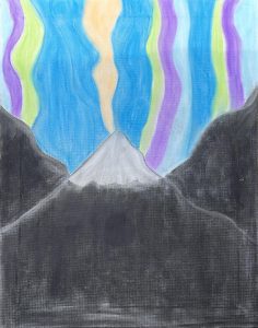 A pastel drawing of mountains with auroras flowing upwards from behind them.